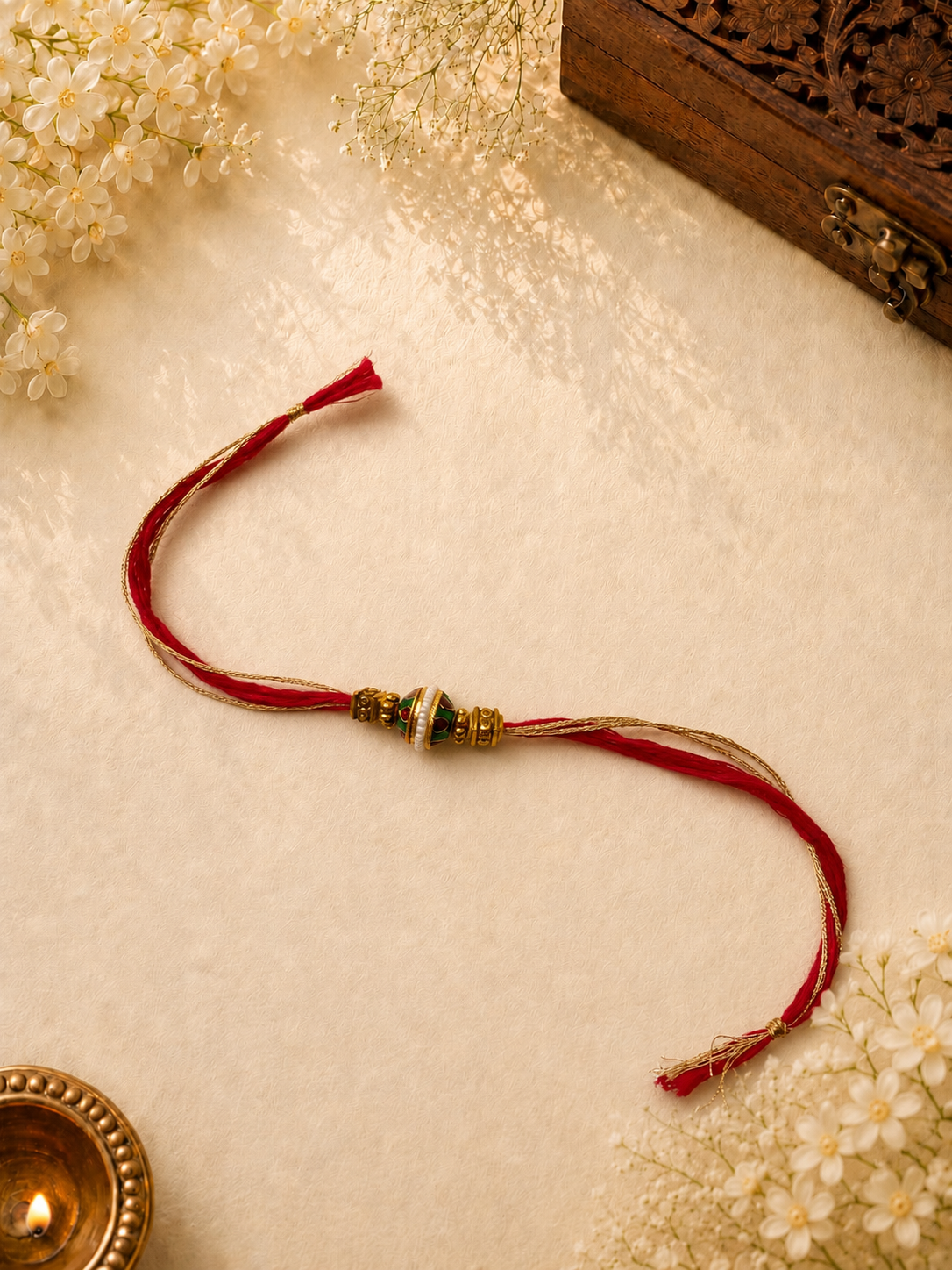 Maroon Gold Thread Rakhi with Kundan Bead for Brother