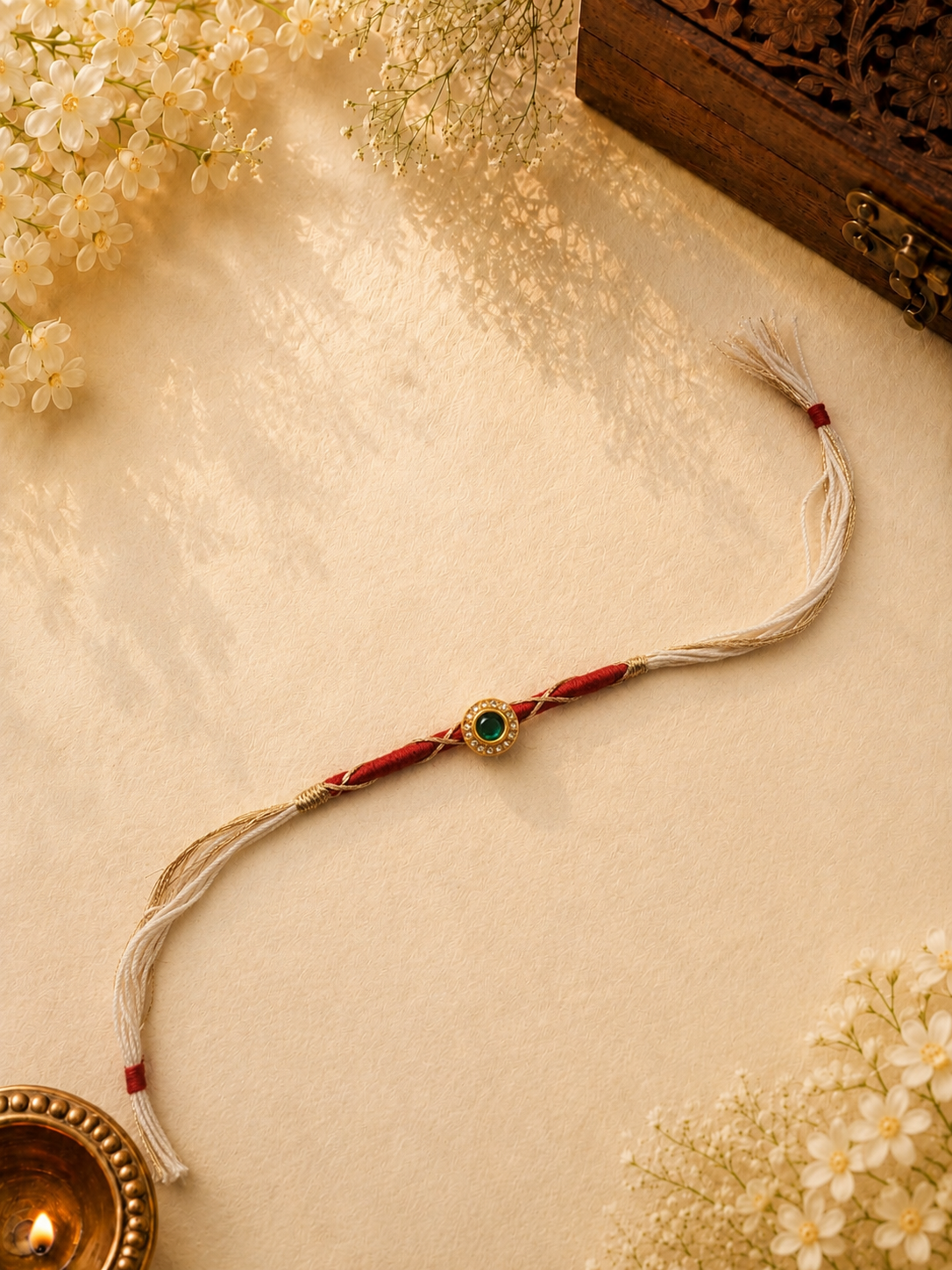 White Gold Thread Rakhi with Green Kundan Stone for Bhai
