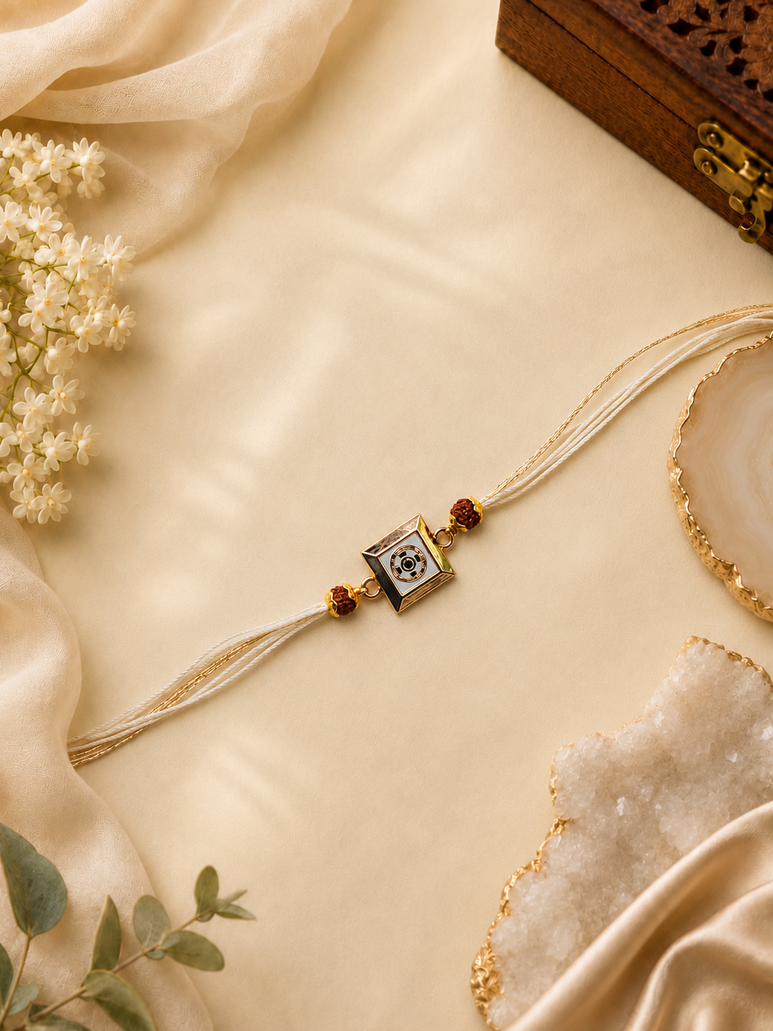 White Gold Thread Rakhi with Square Enamel Pendant for Brother