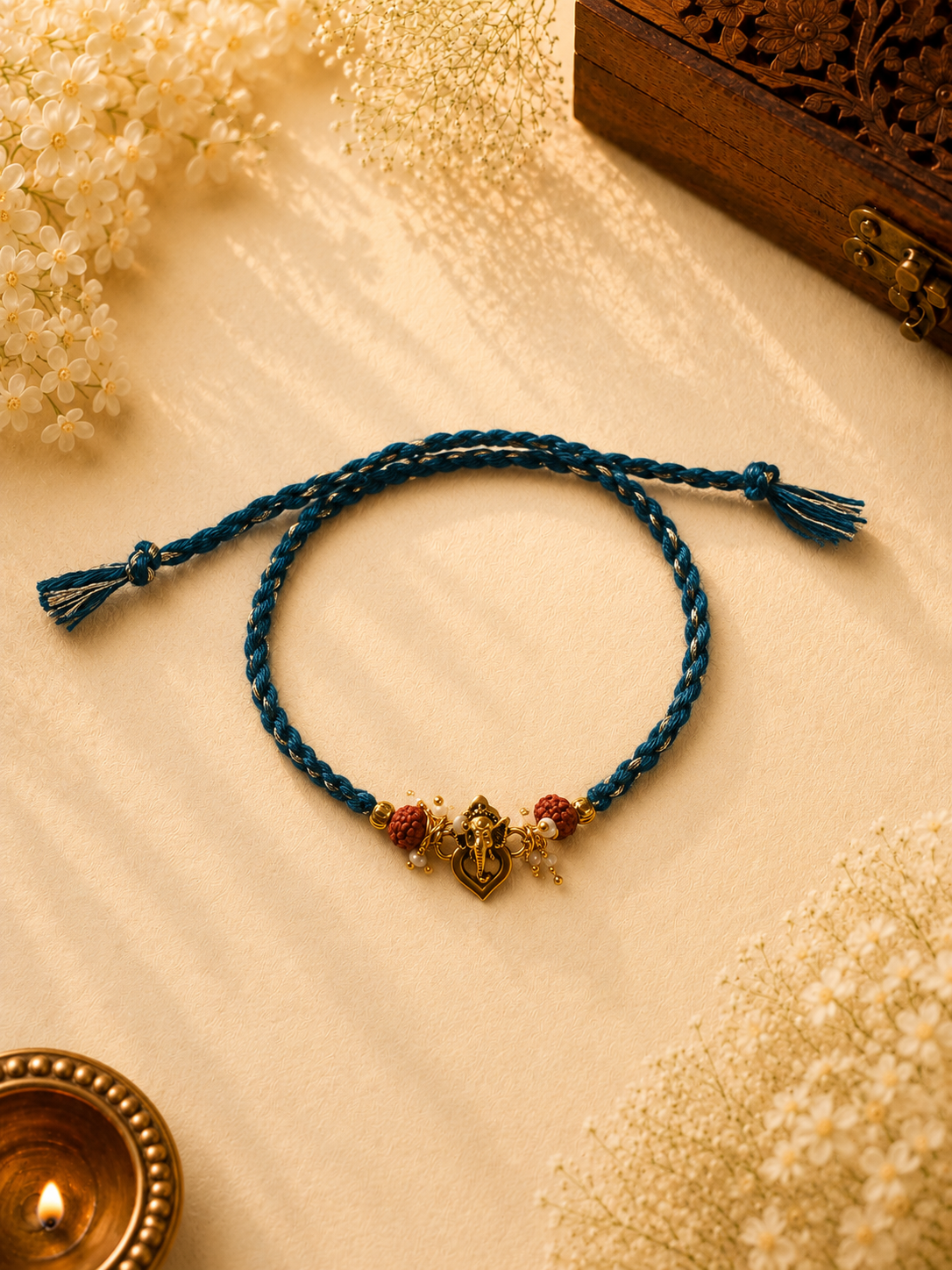 Teal Thread Rakhi with Ganesha Charm & Rudraksha Beads