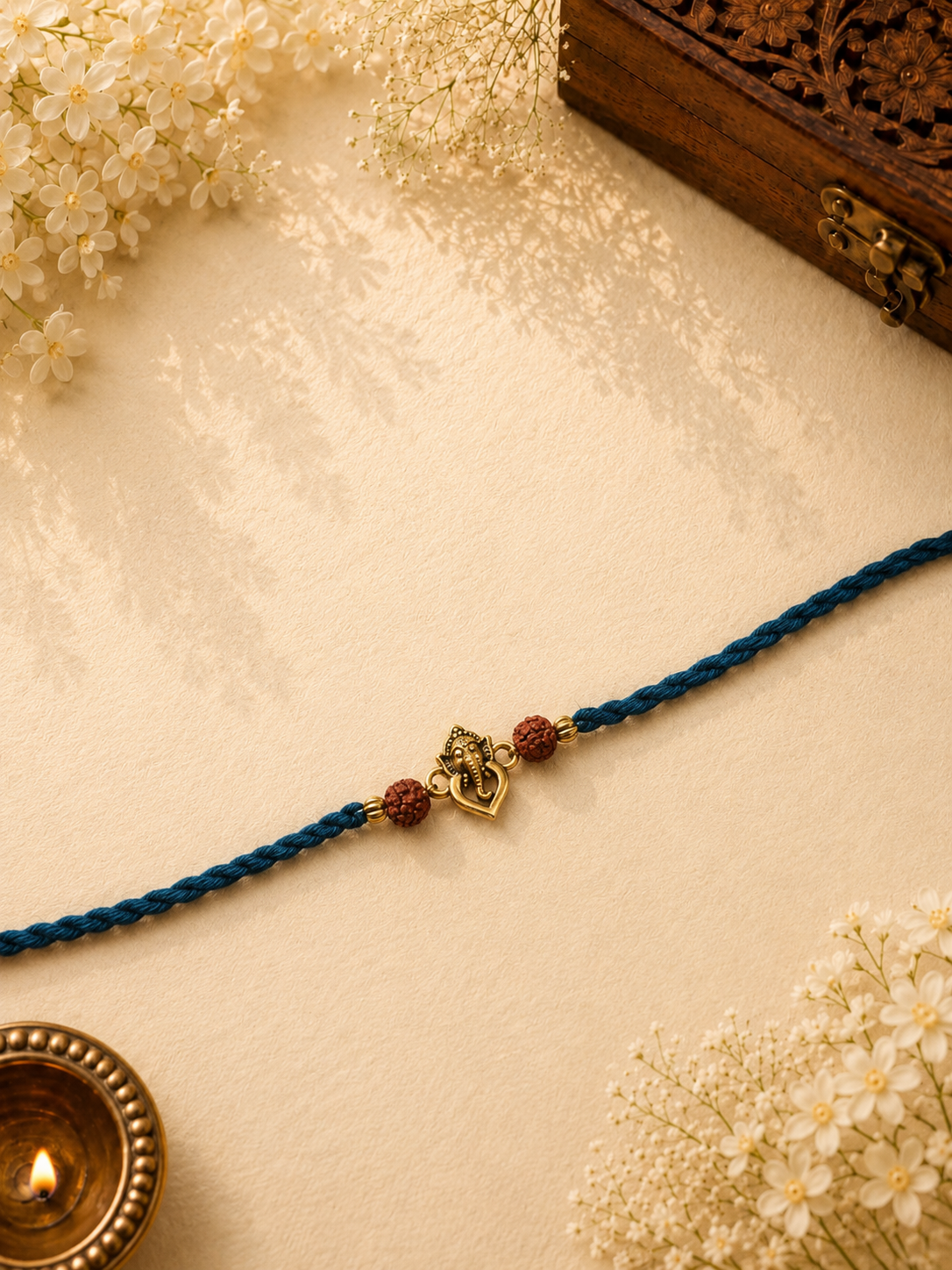 Teal Thread Rakhi with Ganesha Charm for Bhai