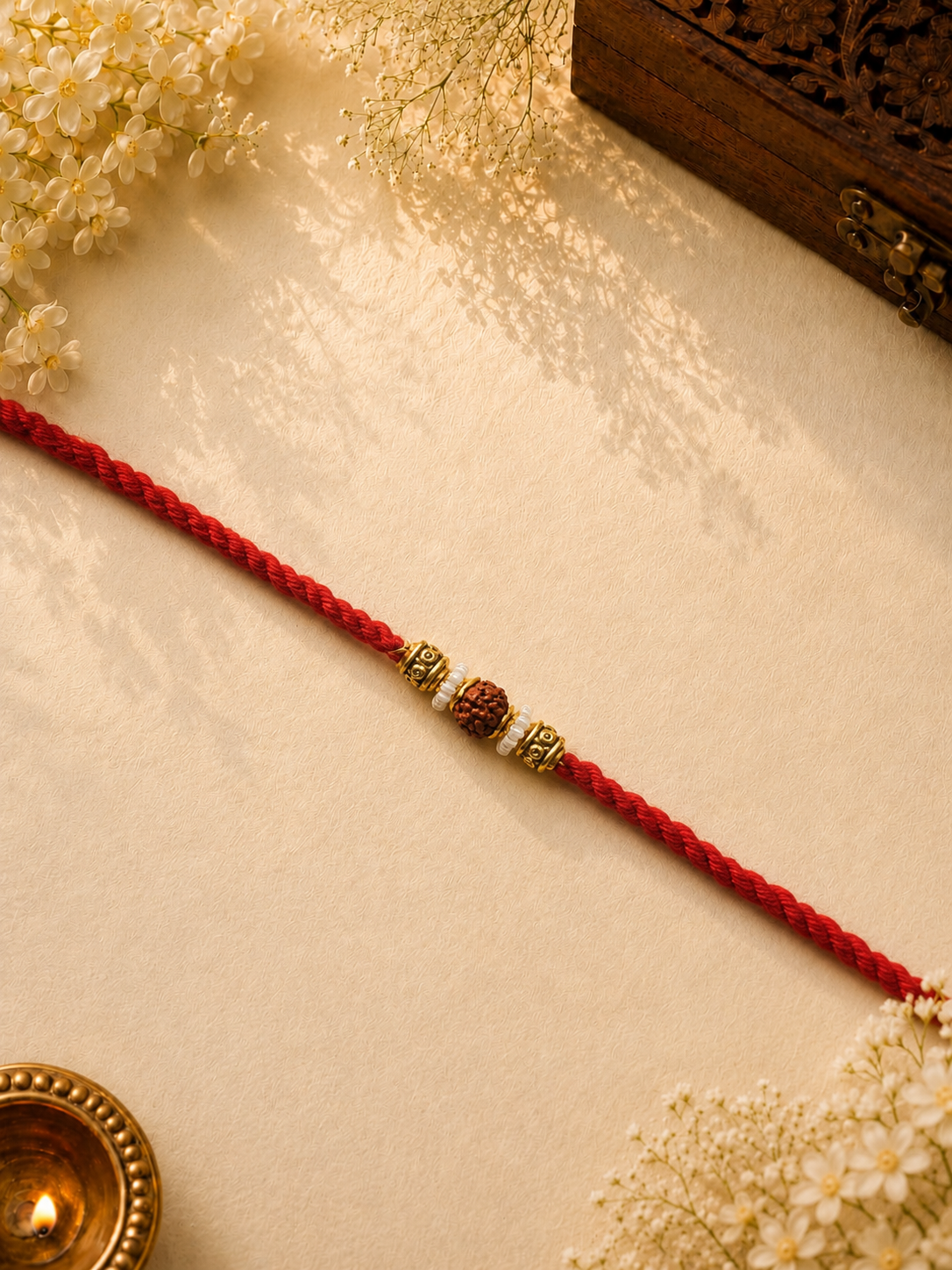 Red Thread Rudraksha Rakhi with Pearl Beads for Brother