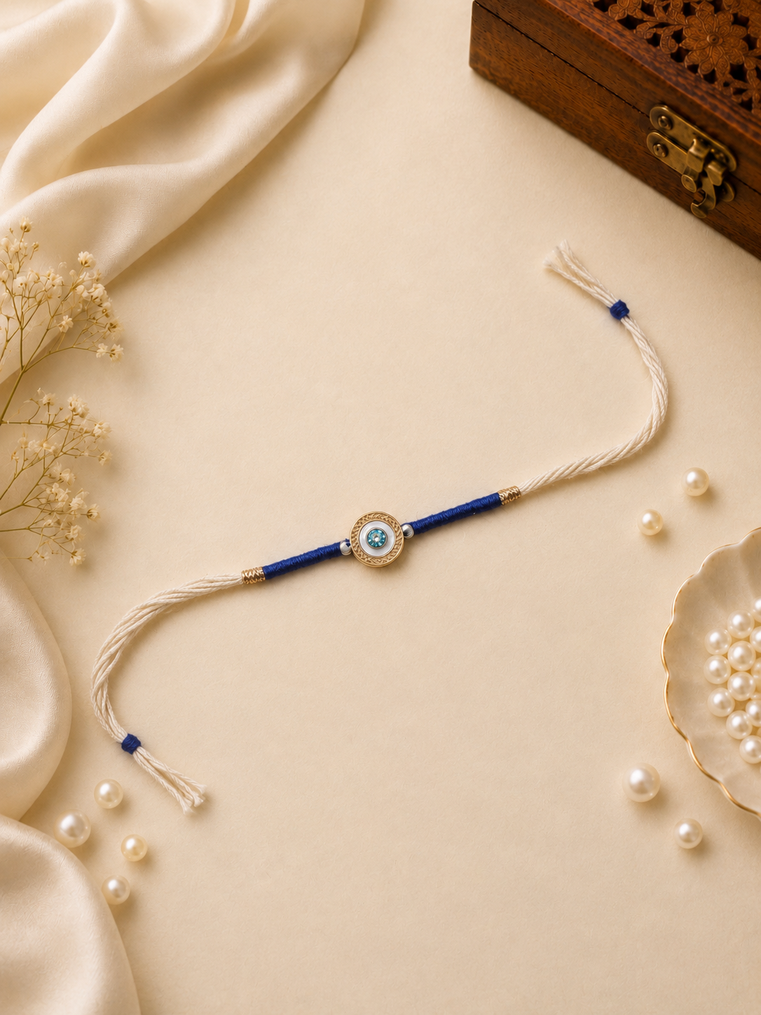 White Blue Thread Rakhi with Evil Eye Charm for Bhai