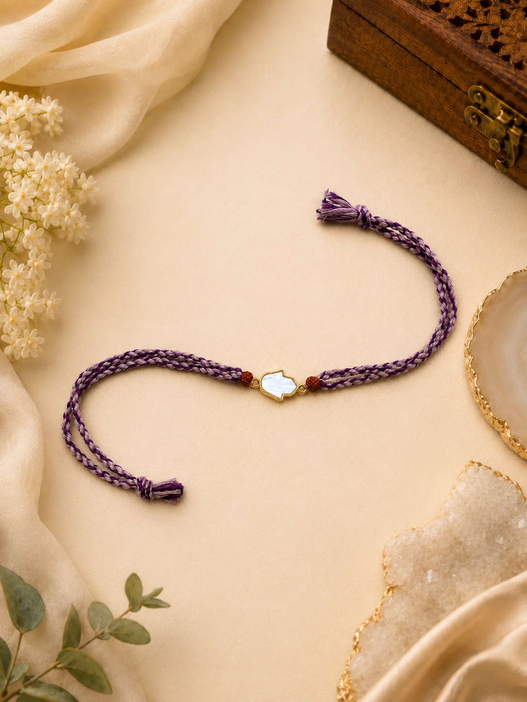 Purple Rudraksha Rakhi with Hamsa Hand Charm for Bhai