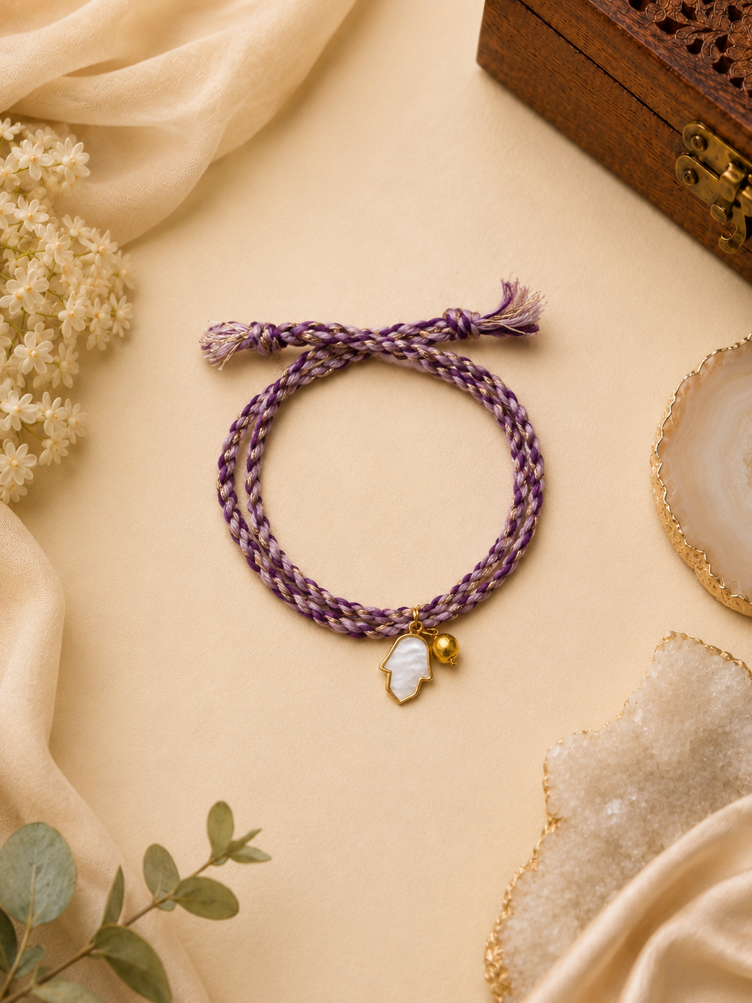 Purple Silk Thread Rakhi with Mother of Pearl Hamsa Charm