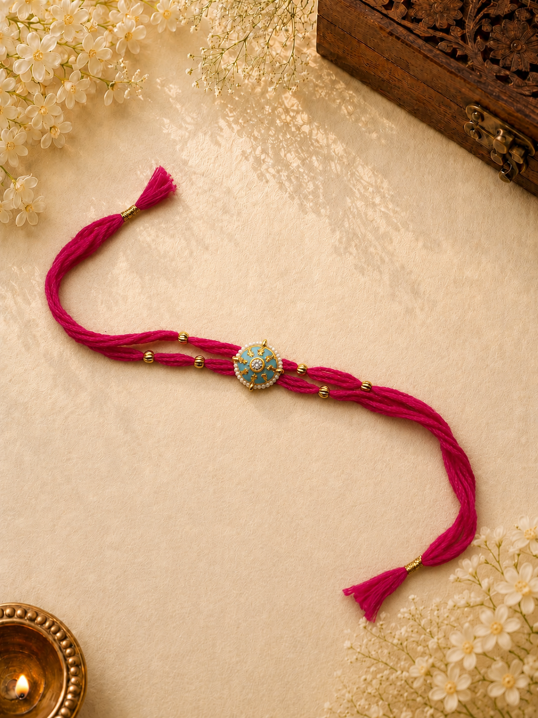 Pink Thread Rakhi with Turquoise Enamel Pendant for Brother