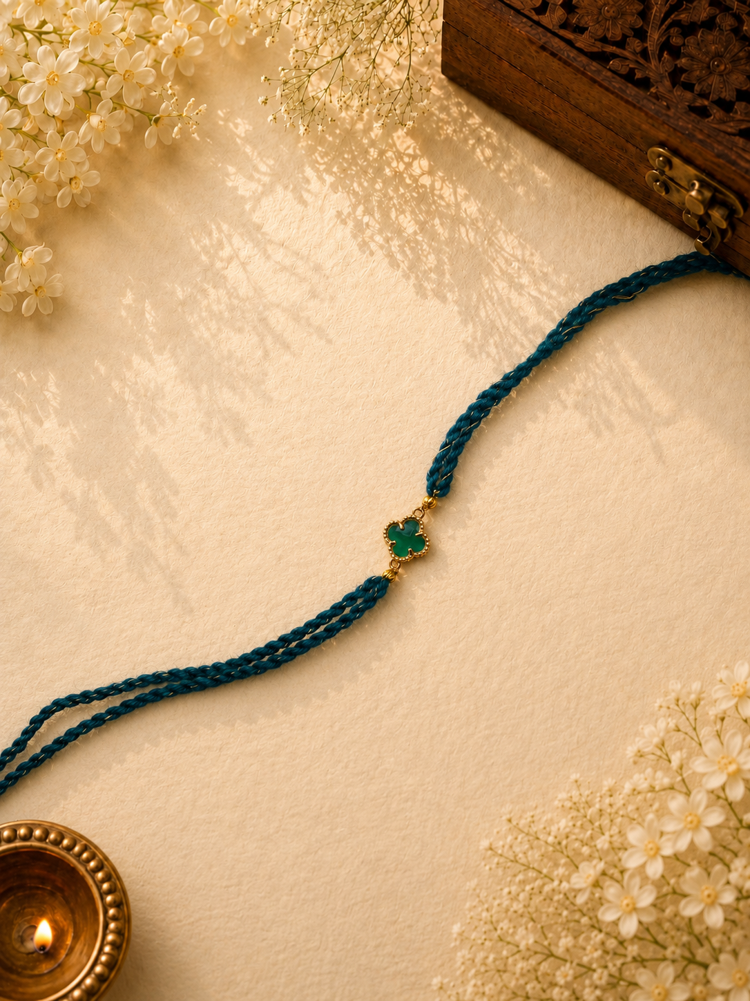 Teal Thread Rakhi with Green Clover Stone for Brother