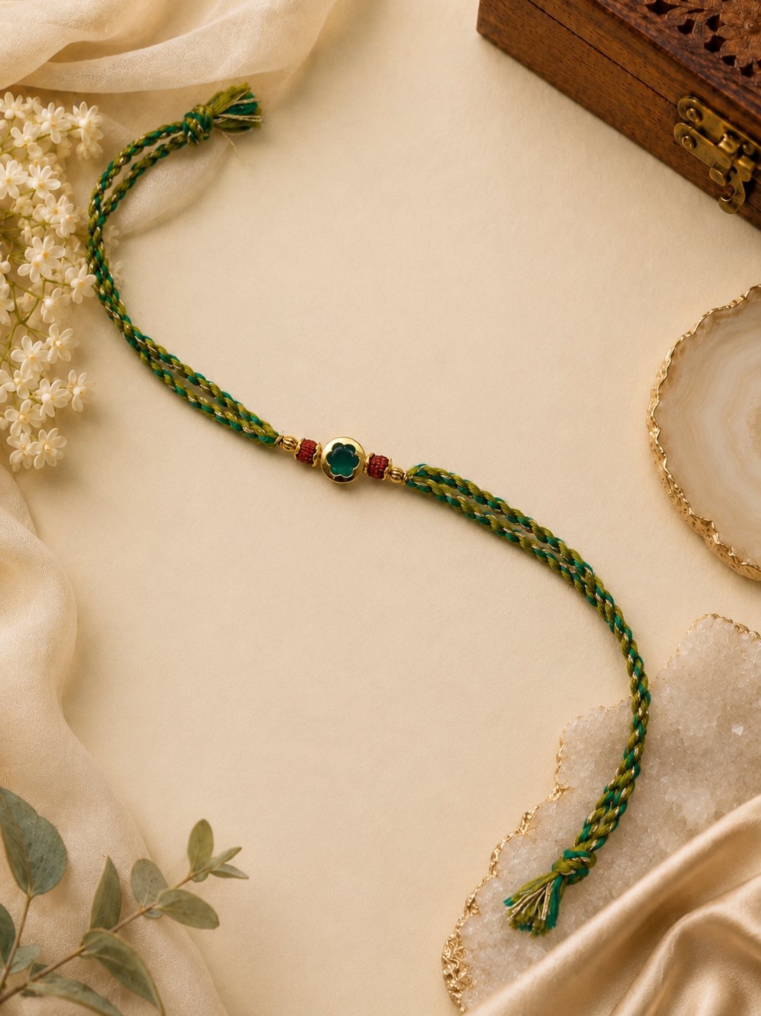 Green Rudraksha Rakhi with Floral Stone for Brother