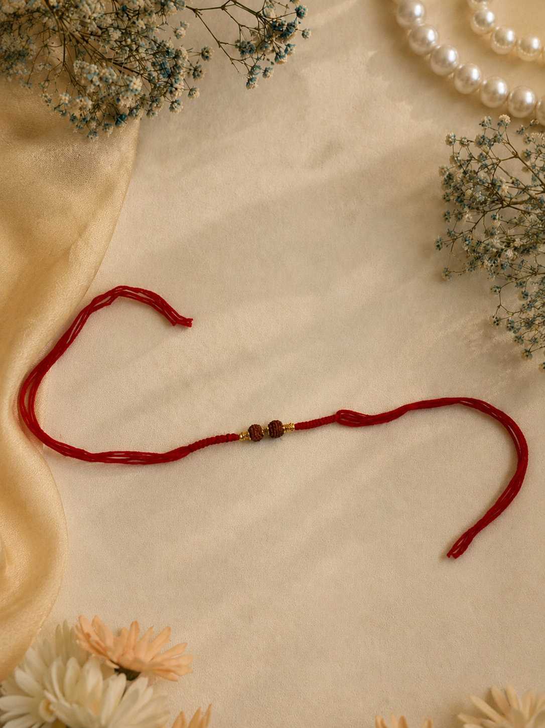 Red Thread Rakhi with Double Rudraksha and Gold Bead for Brother