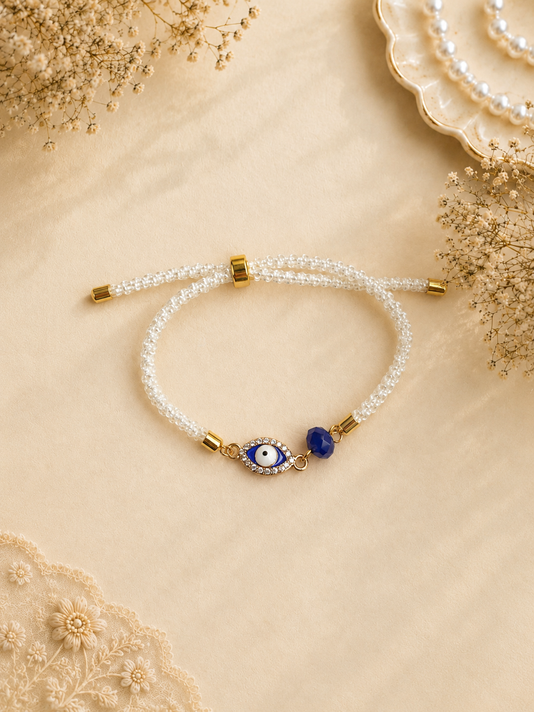 Crystal Seed Bead Evil Eye Bracelet with Blue Charm for Sister