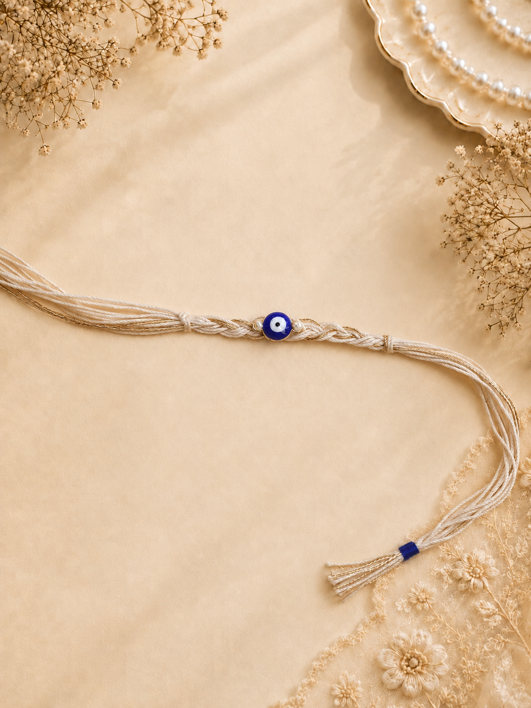 Cream Gold Braided Thread Evil Eye Rakhi with Blue Nazar Bead for Brother