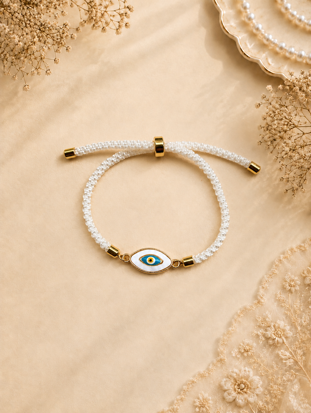 White Seed Bead Evil Eye Bracelet with Turquoise Nazar Charm for Her