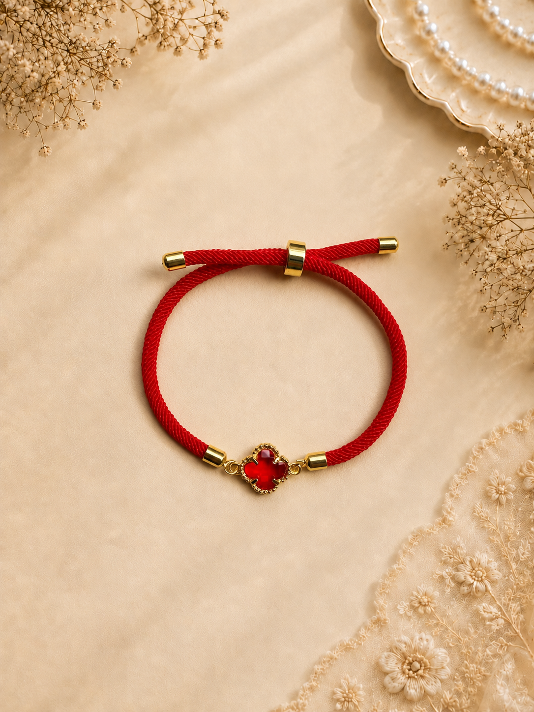 Red Thread Bracelet Rakhi with Red Clover Charm for Bhai