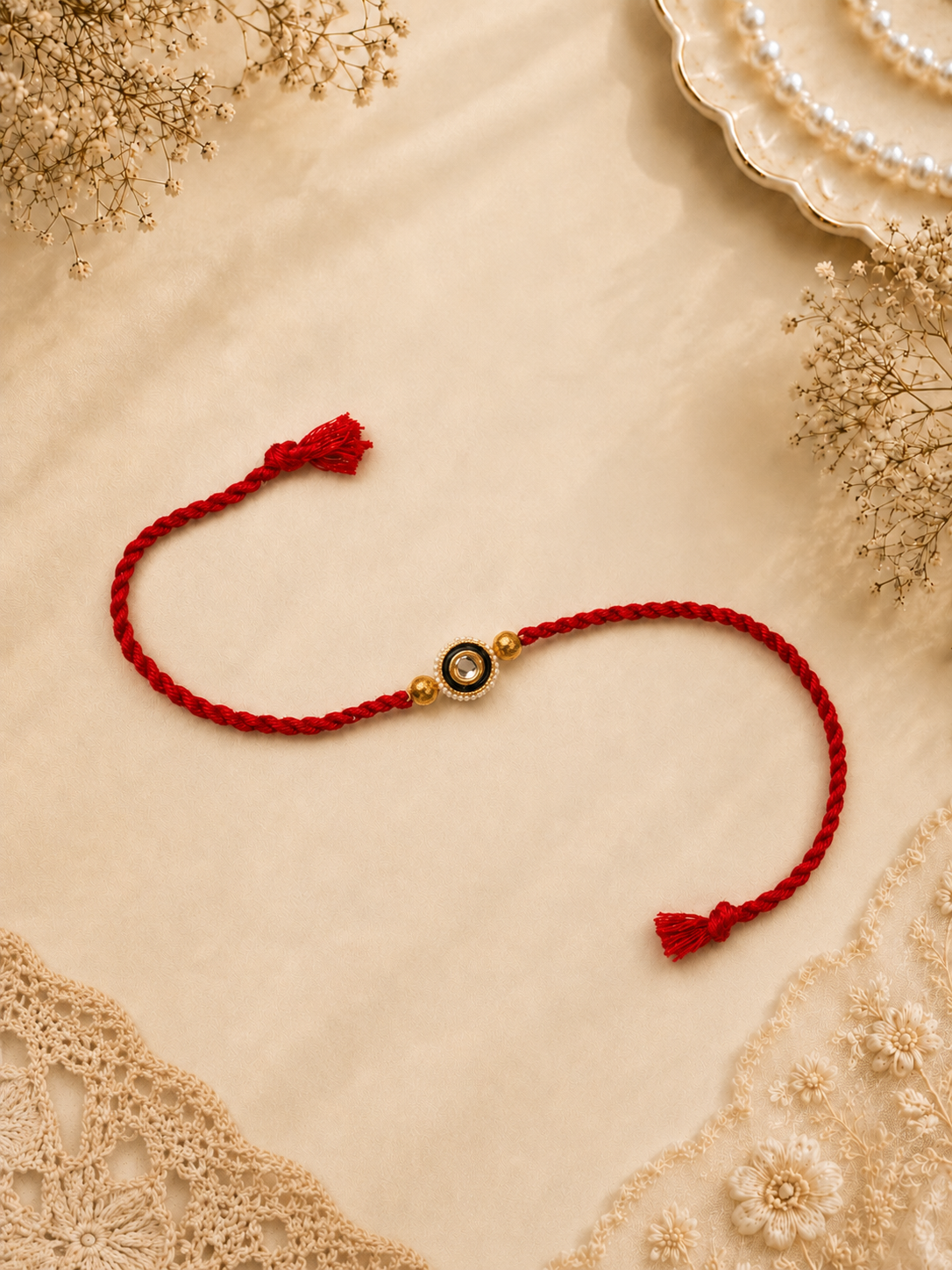 Red Thread Rakhi with Pearl Border Crystal Charm for Brother