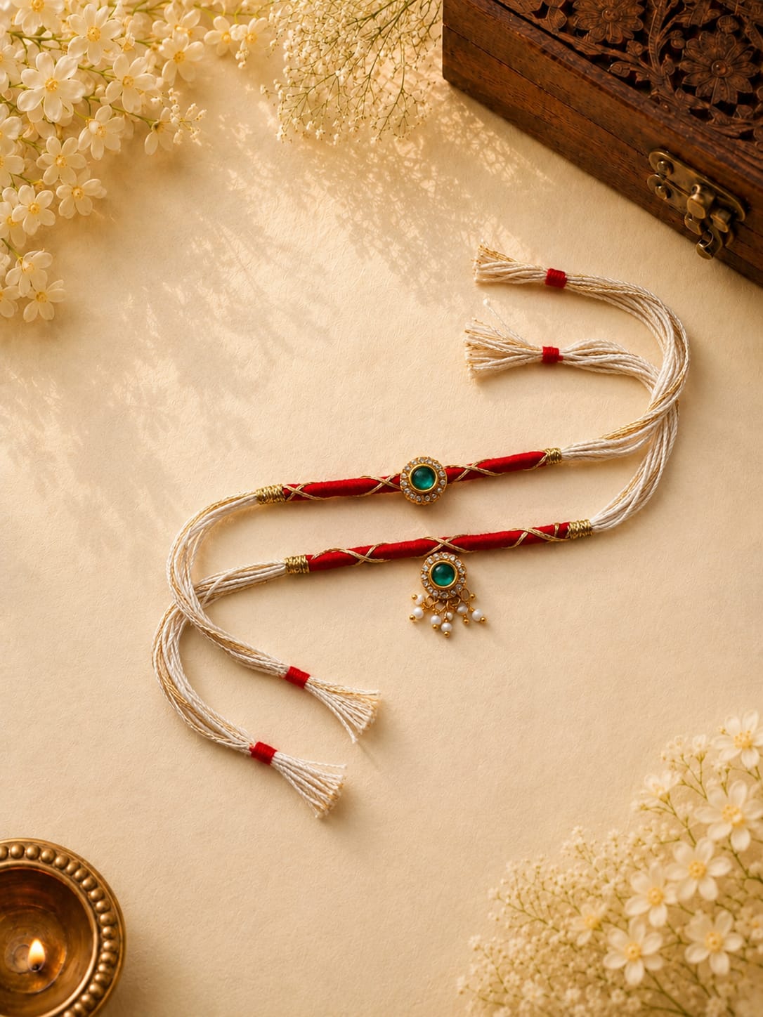 Red White Designer Rakhi Set with Green Stone Traditional Raksha Bandhan Gift