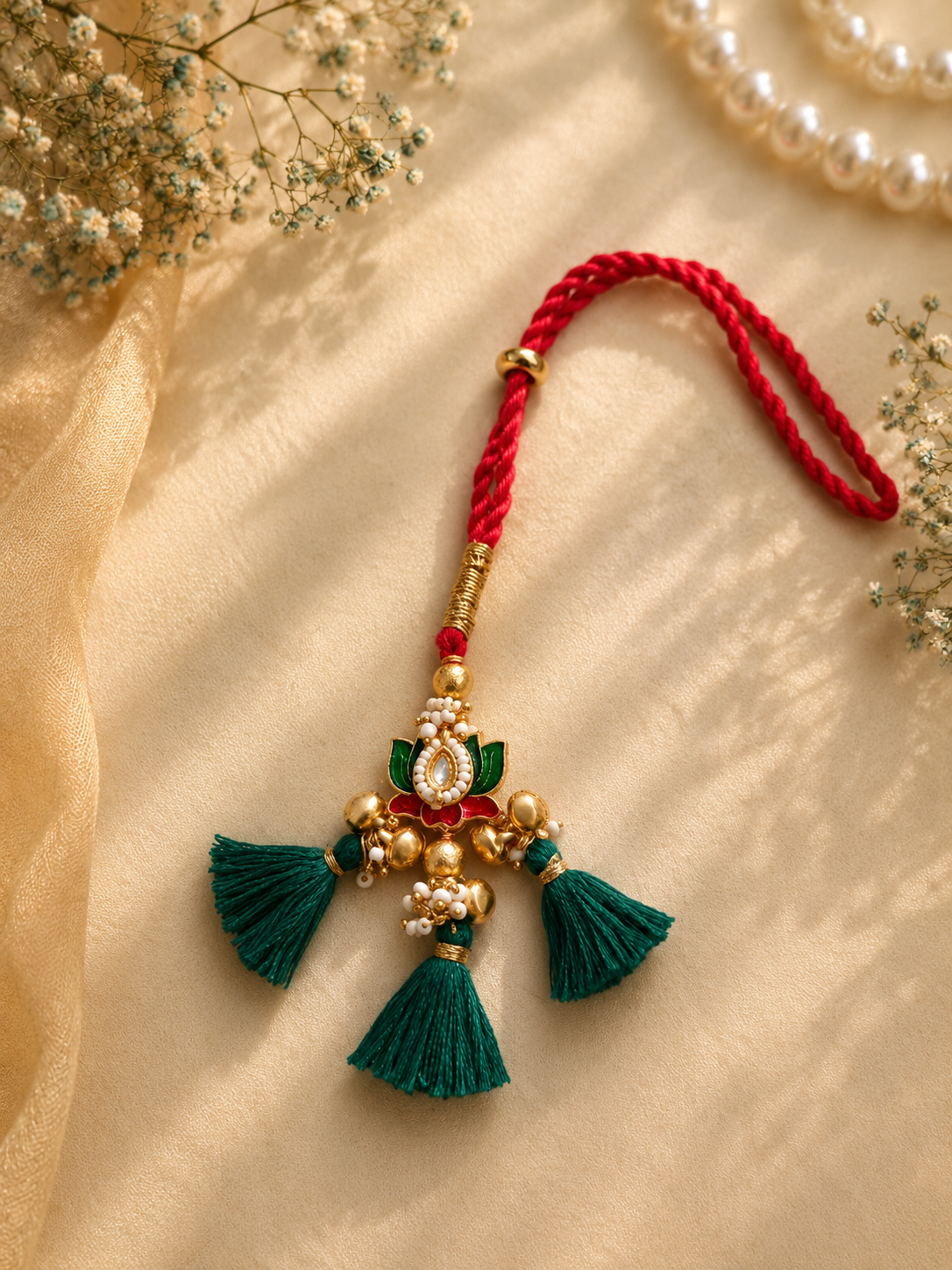 Red Lotus Tassel Bhabhi Rakhi with Green Lumba Gift Set