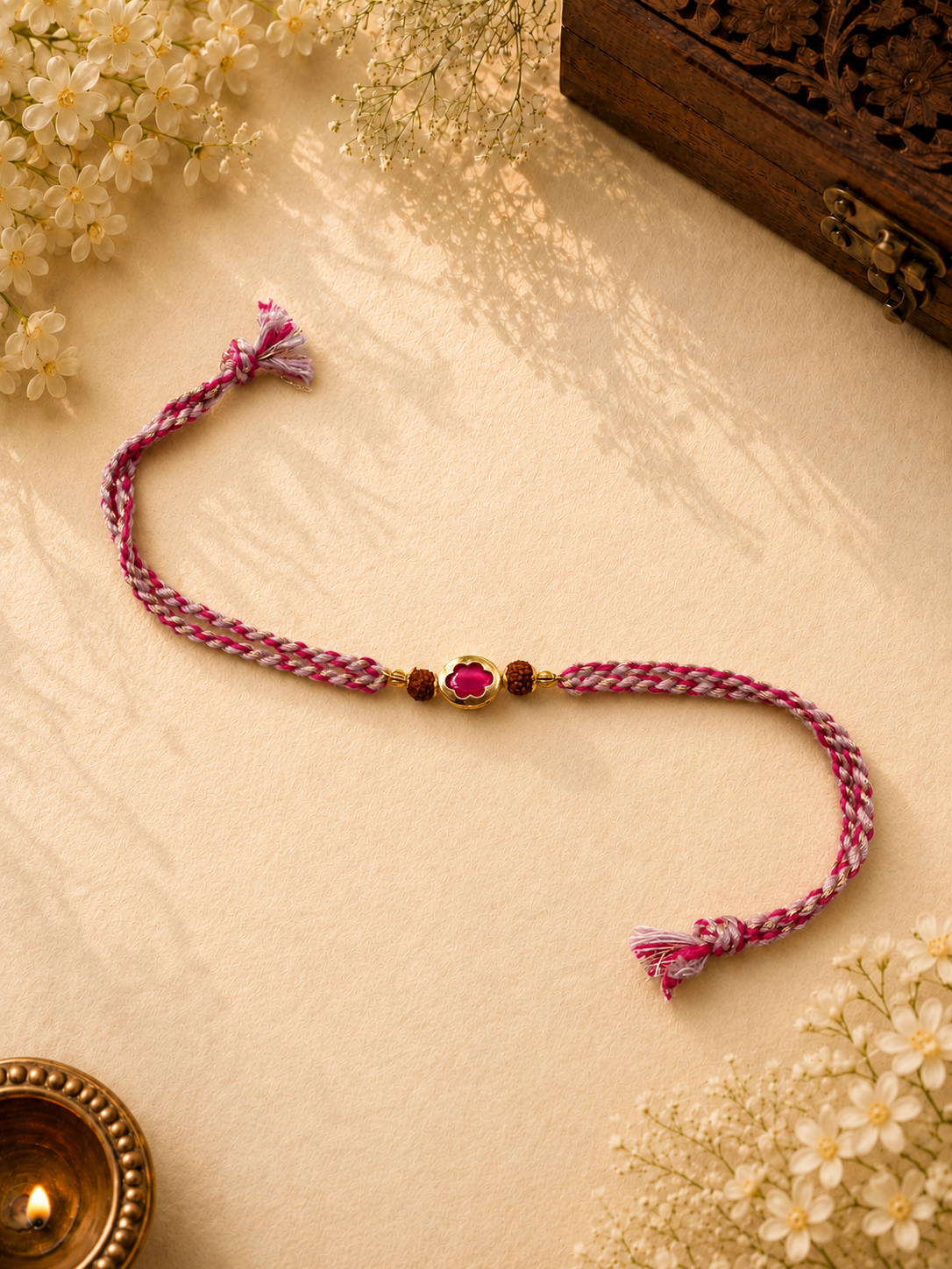 Pink Rudraksha Beads Rakhi with Floral Stone for Bhai