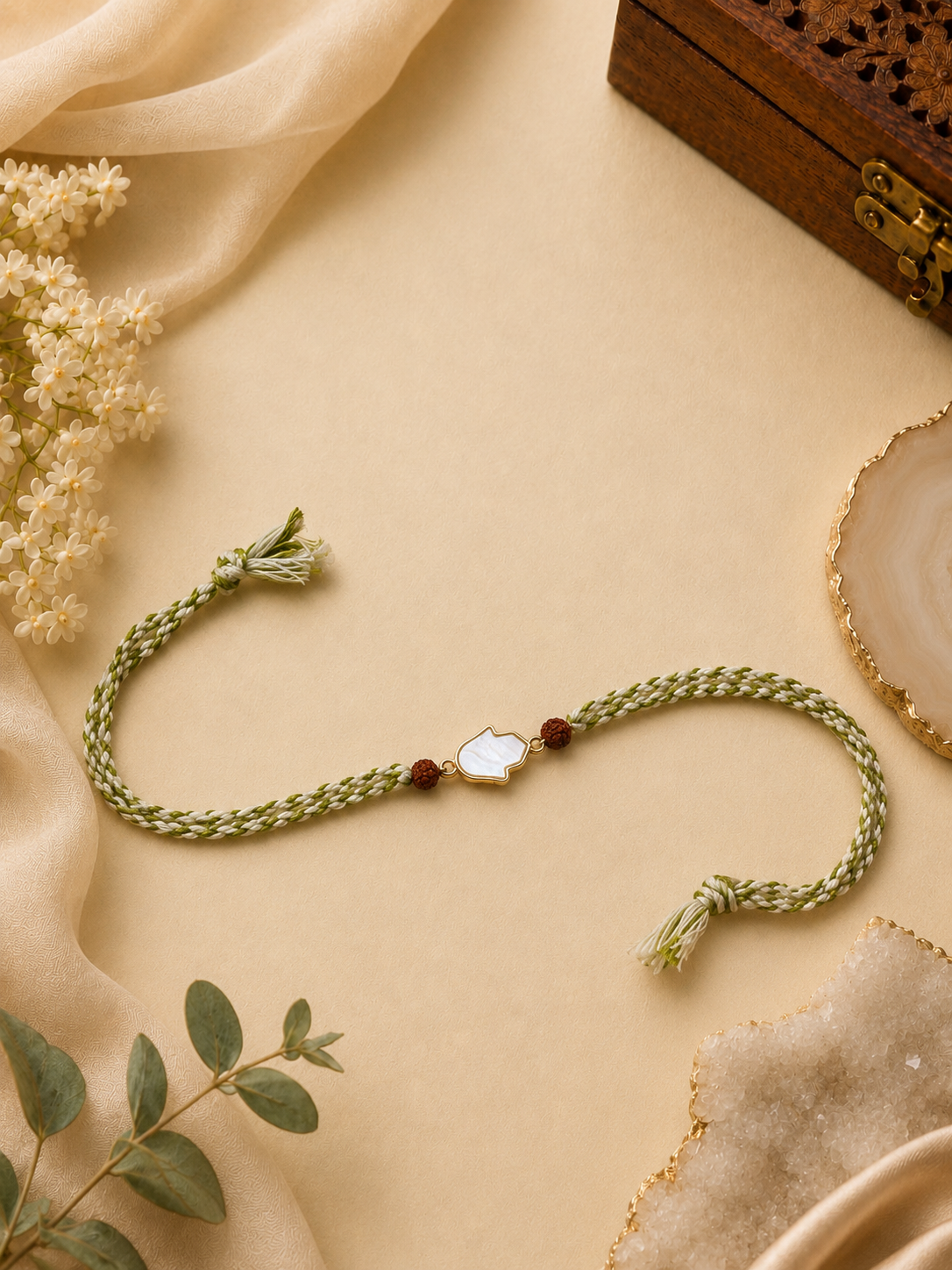 Olive Green Rakhi with Mother-of-Pearl Hamsa Charm for Bhai