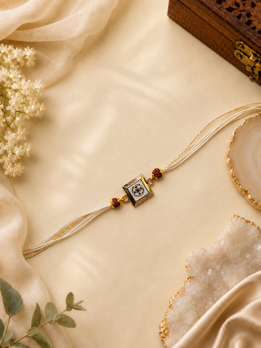 White Gold Thread Rakhi with Square Enamel Pendant for Brother