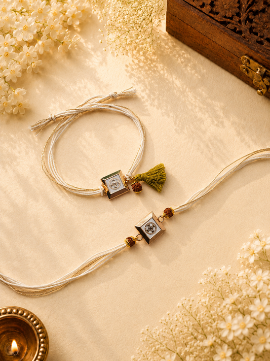 White Square Charm Rakhi Set for Brother