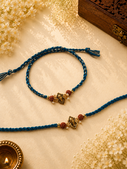Blue Ganesha Rudraksha Rakhi Set