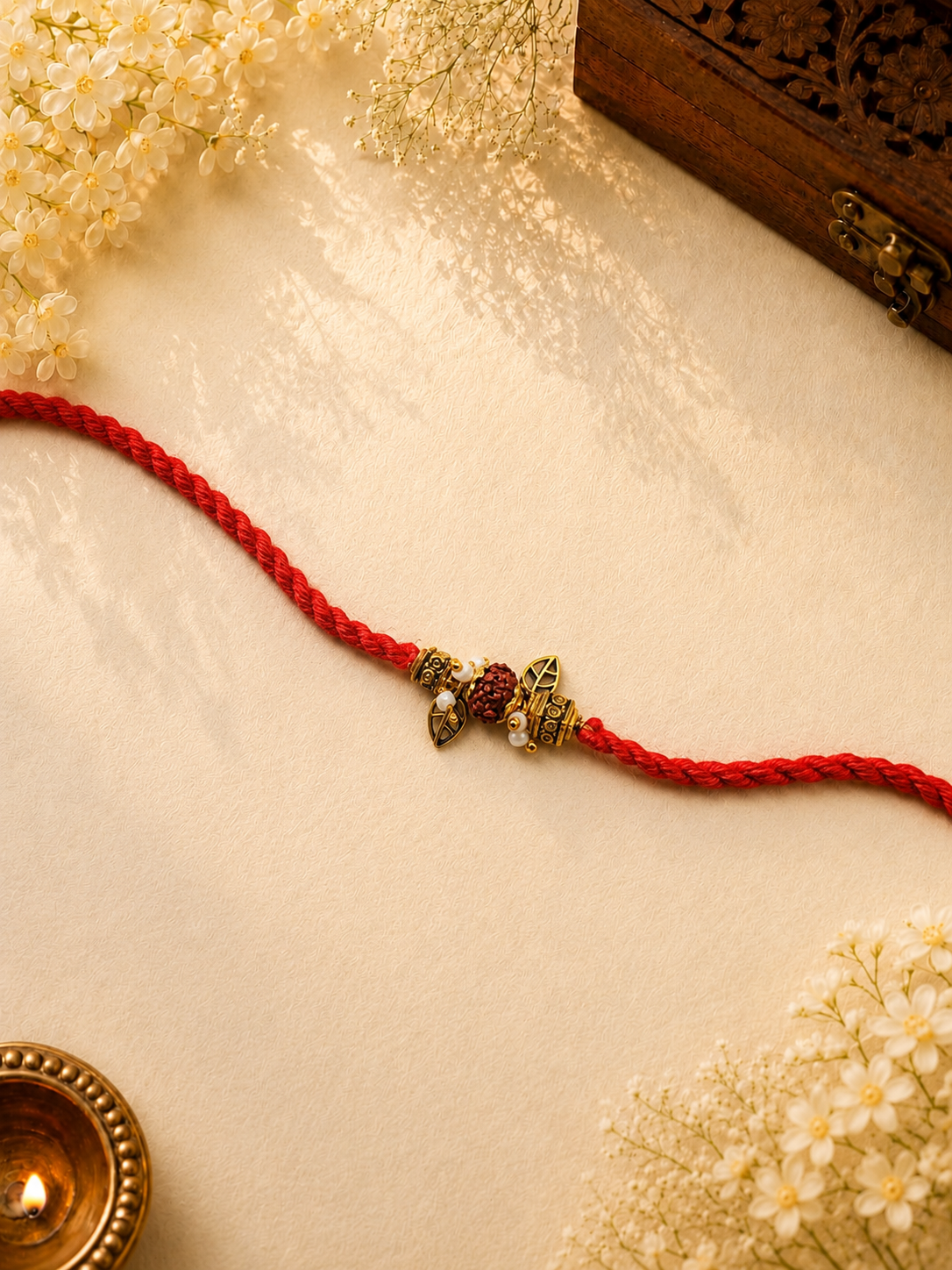 Red Thread Rakhi with Rudraksha Bead & Gold Leaf Charms
