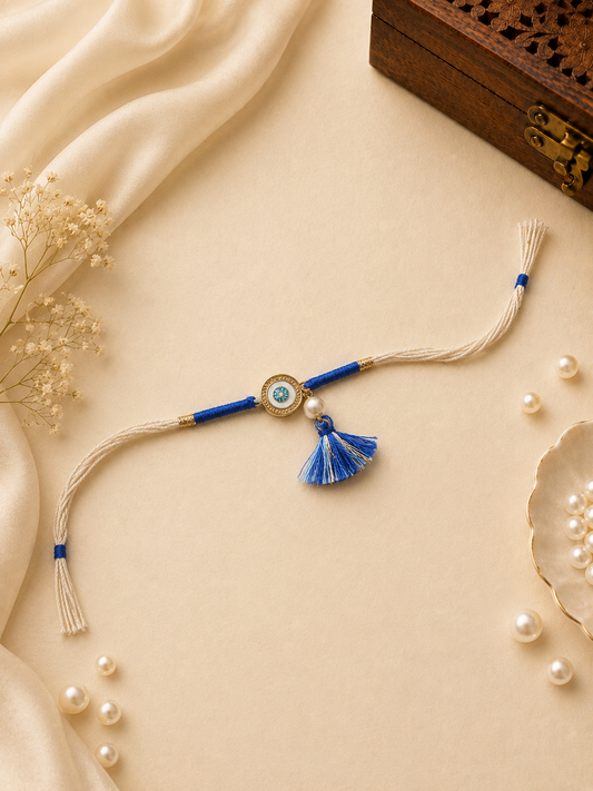 Blue & Cream Thread Rakhi with Evil Eye Charm & Pearl Drop