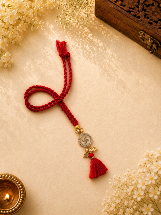 Red Thread Lumba Rakhi with Kundan Swastik Pendant & Tassel