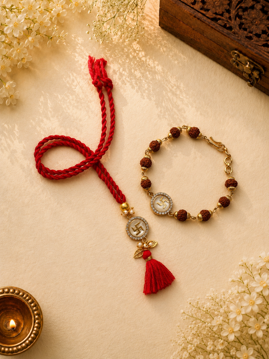 Red Swastik Rudraksha Rakhi Set