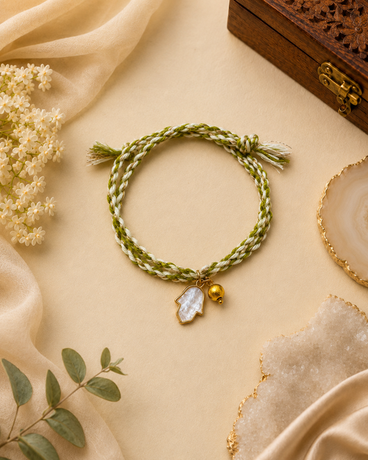 Green & Ivory Thread Rakhi with Mother of Pearl Hamsa Charm