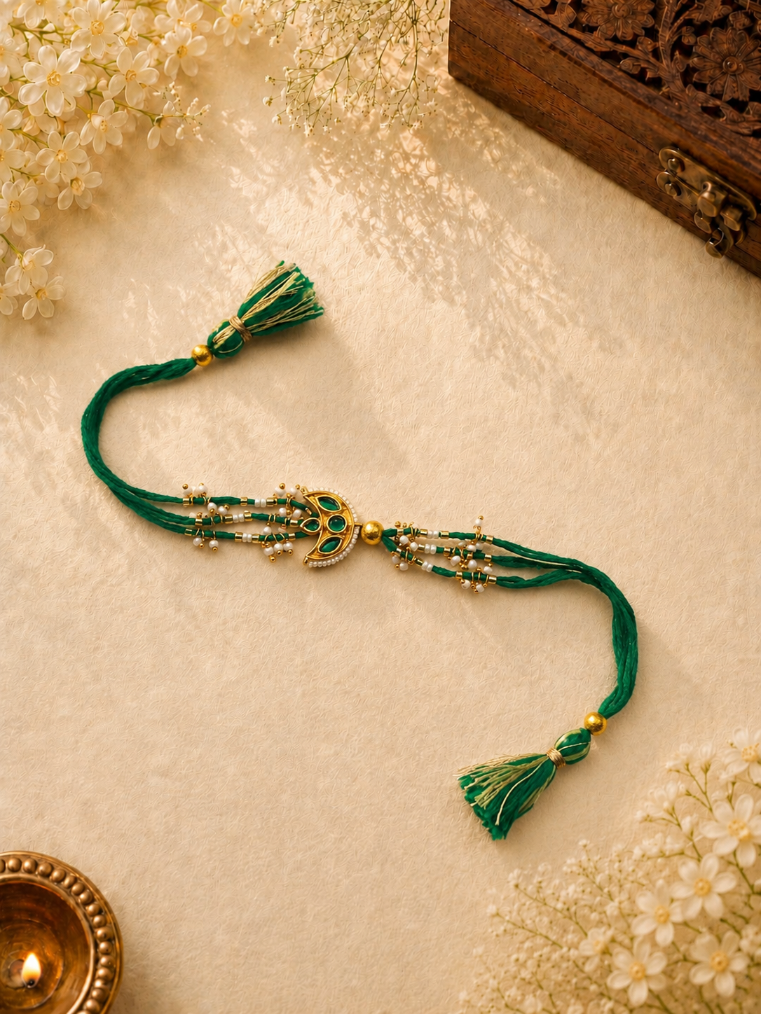 Green Multi-Strand Lumba Rakhi with Kundan Pendant & Beaded Tassels for Bhabhi