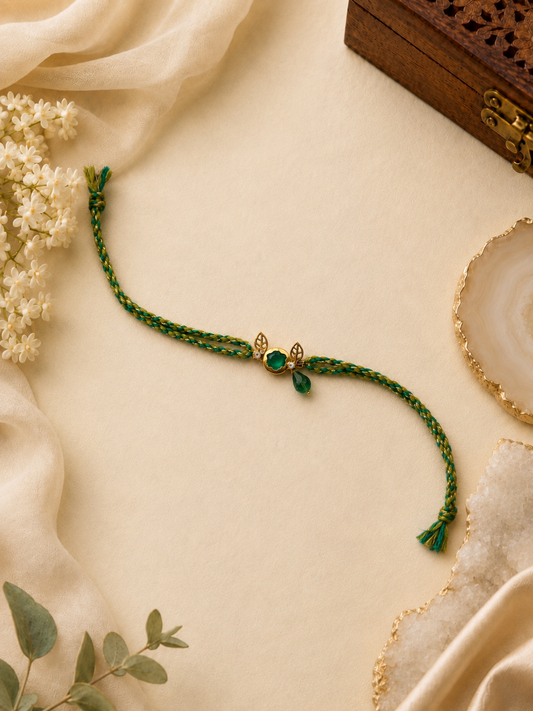Green Thread Rakhi with Green Clover Charm for Bhabhi