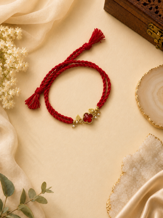 Red Thread Rakhi with Red Clover Charm for Bhabhi