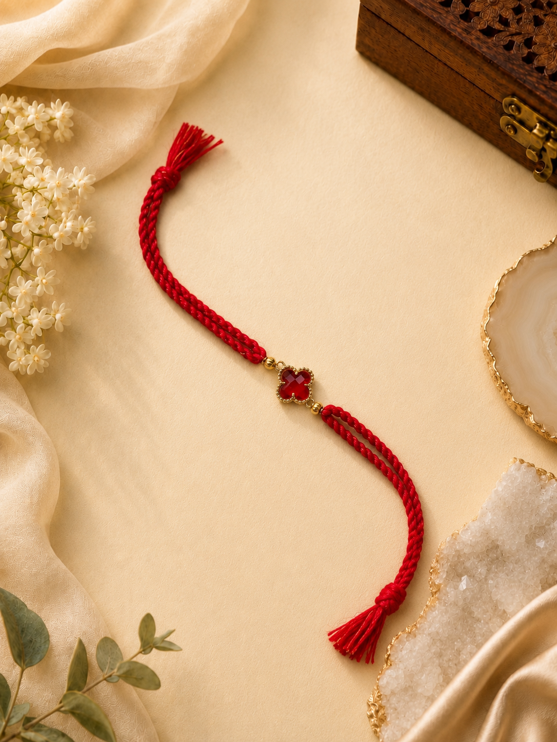 Red Silk Thread Rakhi with Red Clover Stone Charm for Bhai