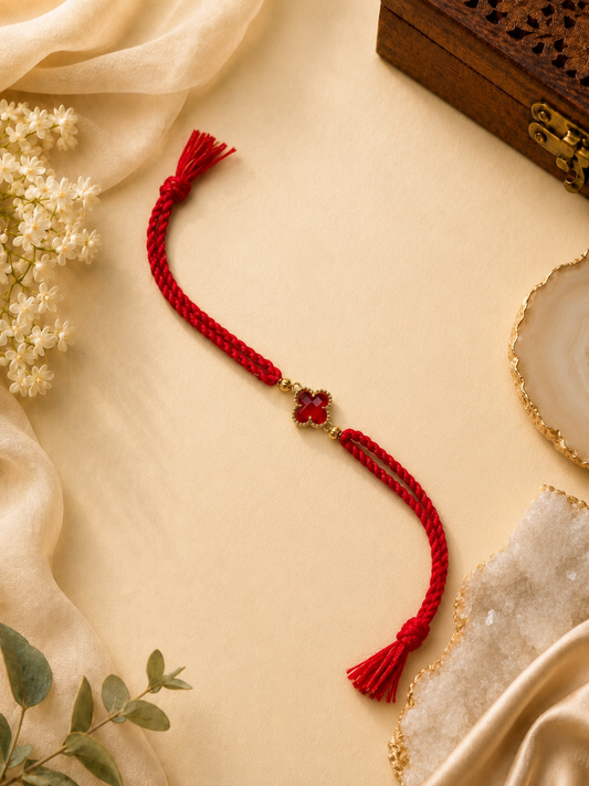 Red Silk Thread Rakhi with Red Clover Stone Charm for Bhai