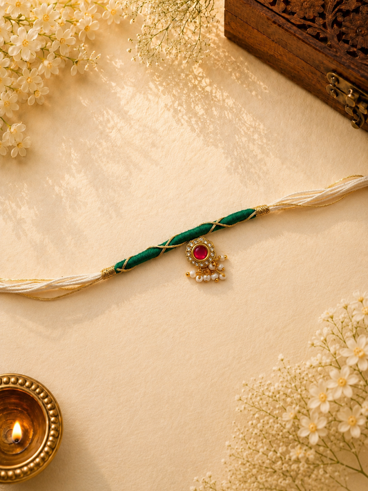 White Gold Thread Rakhi with Kundan Jhumka Charm for Bhabhi