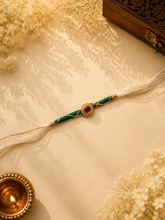 Green Silk Kundan Rakhi with Zari Work for Brother