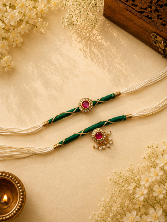 Green red Stone Rakhi Set for Brother