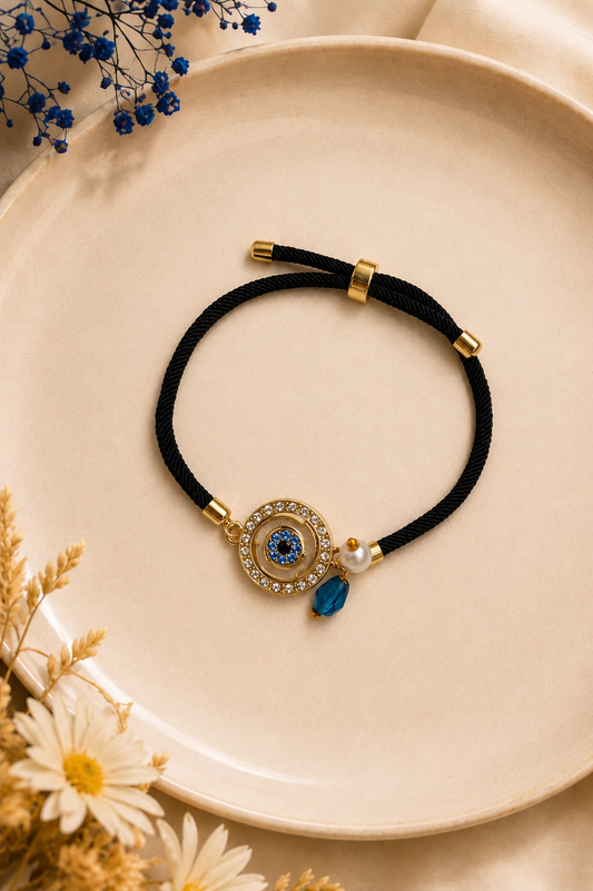 Black Evil Eye Crystal Pearl Adjustable Bracelet for Women | Gold Charm Bracelet