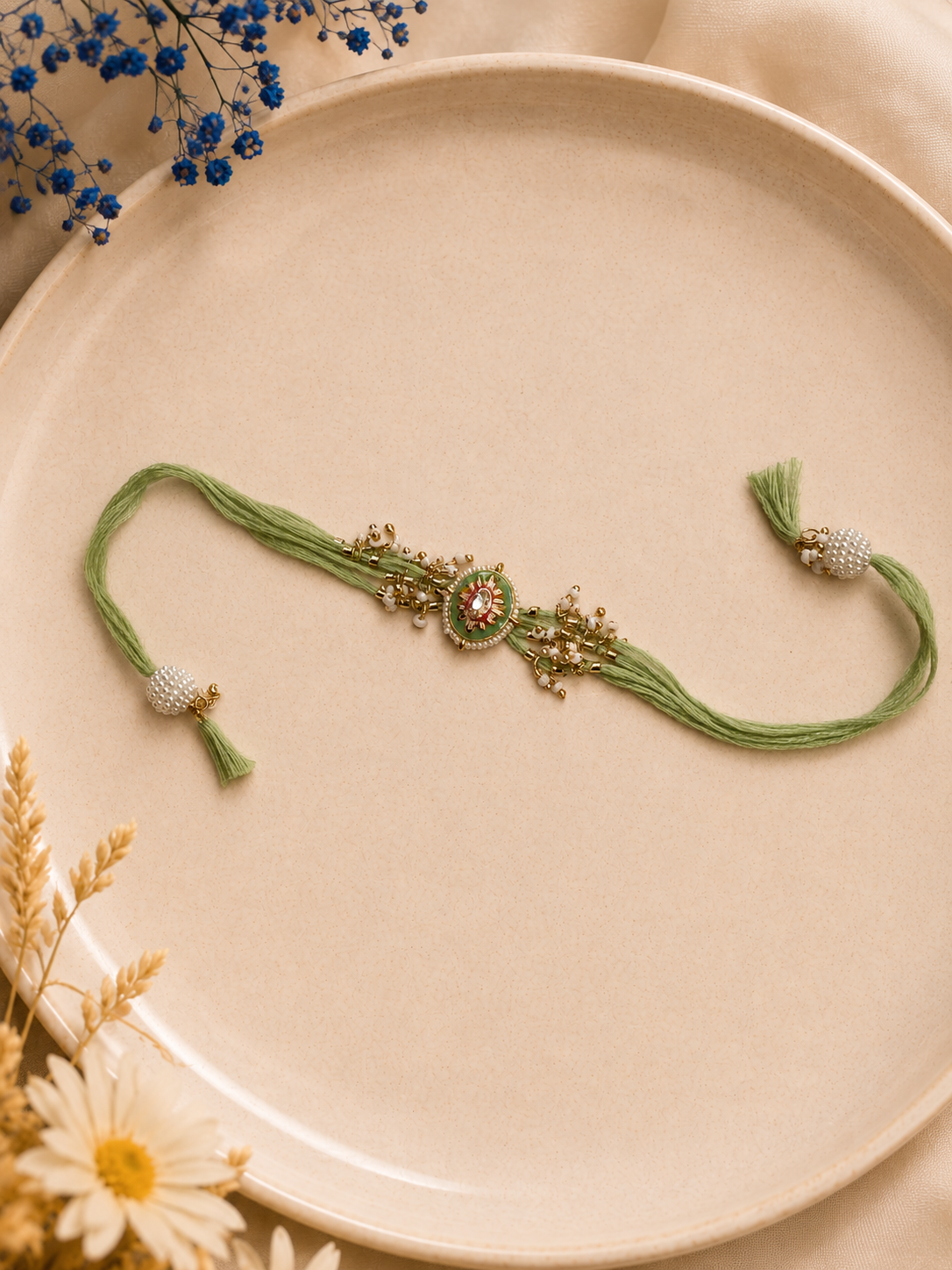 Light Green Pearl Bhabhi Rakhi - Premium Lumba Gift Online