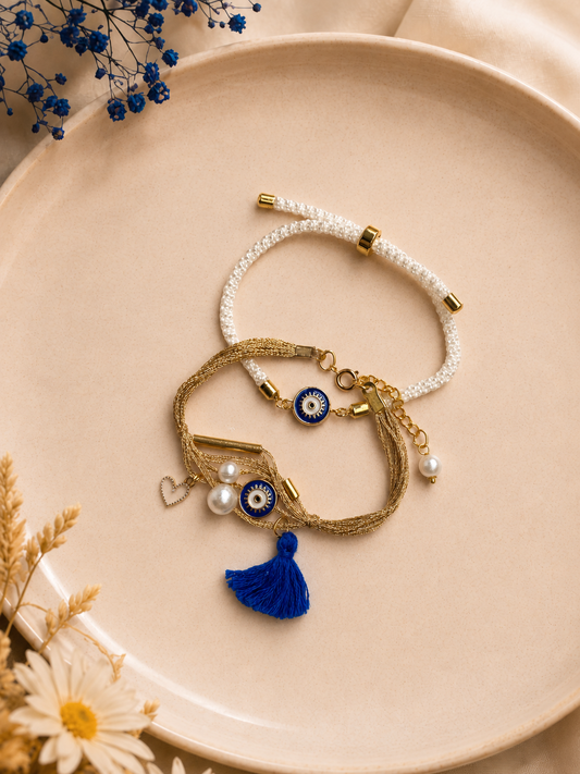 Royal Blue Evil Eye Bhai Bhabhi Rakhi Set