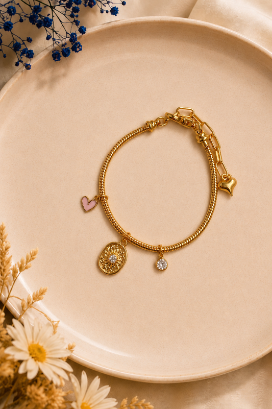 Gold Heart Charm Bracelet for Women | Adjustable Elegant Bracelet