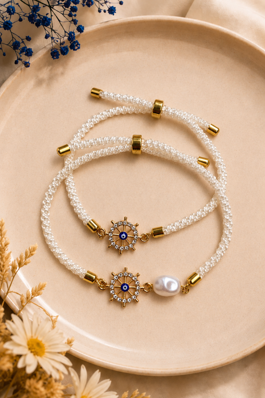 Pearl Evil Eye Wheel Bhai Bhabhi Rakhi Set