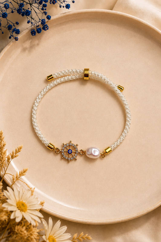White Nautical Evil Eye Pearl Adjustable Bracelet for Women | Gold Charm Bracelet