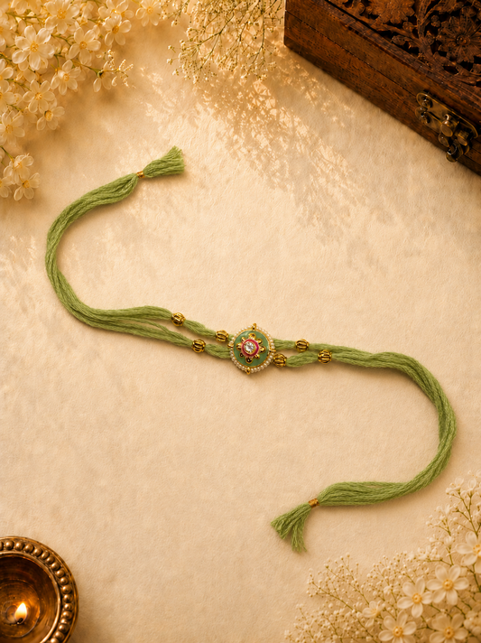 Light Green Pearl Charm Rakhi for Brother - Premium Gift