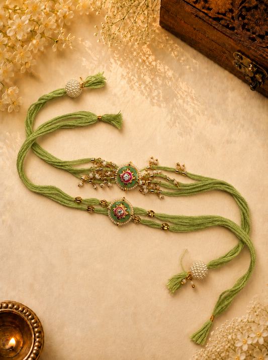 Green Pearl Designer Rakhi Set for Brother