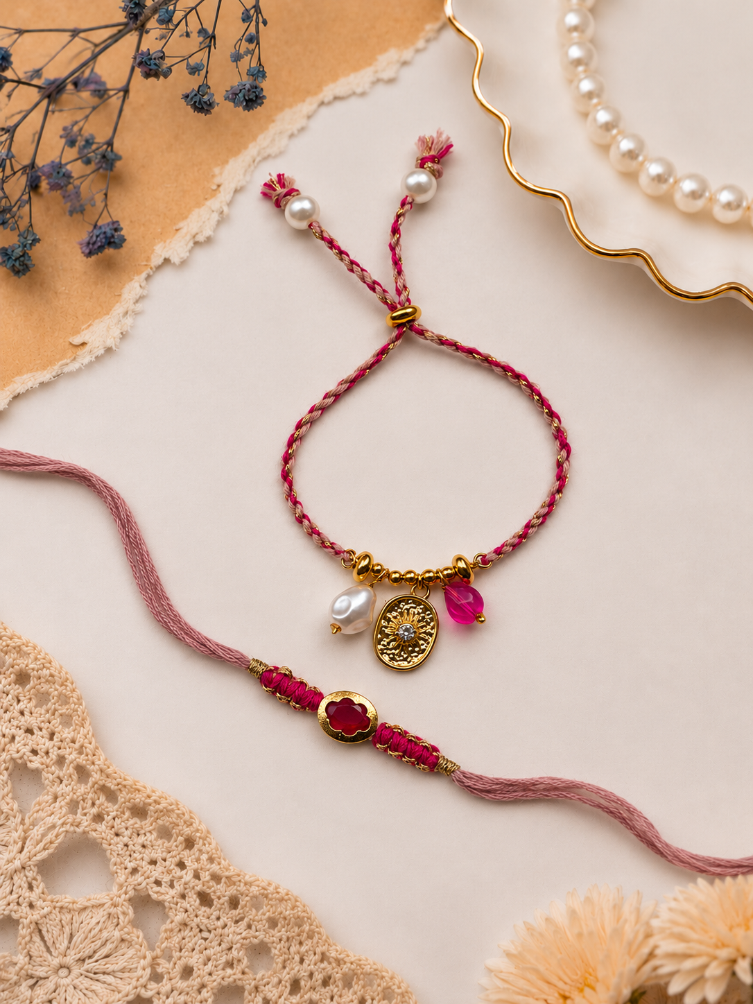 Rakhi & Bracelet Combo Set | Ruby Stone Rakhi with Matching Sun Medallion Bracelet | Raksha Bandhan Gift Set