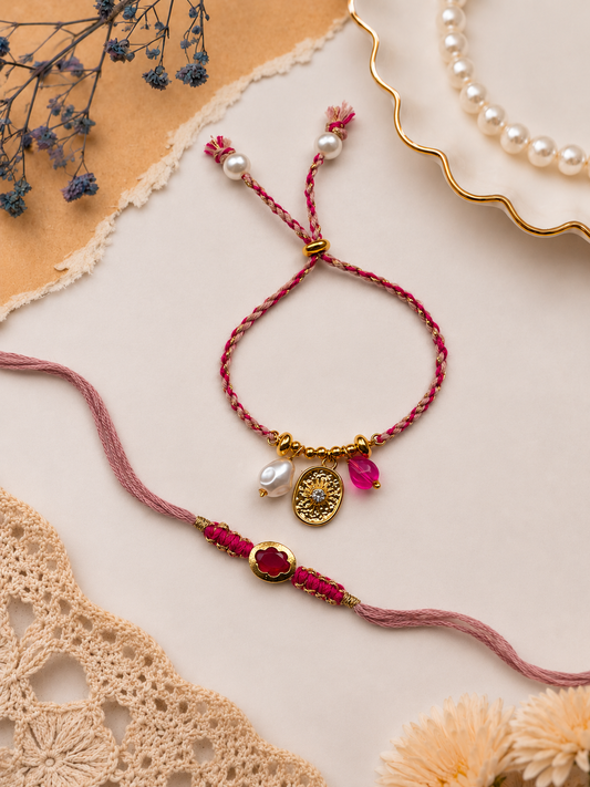 Rakhi & Bracelet Combo Set | Ruby Stone Rakhi with Matching Sun Medallion Bracelet | Raksha Bandhan Gift Set