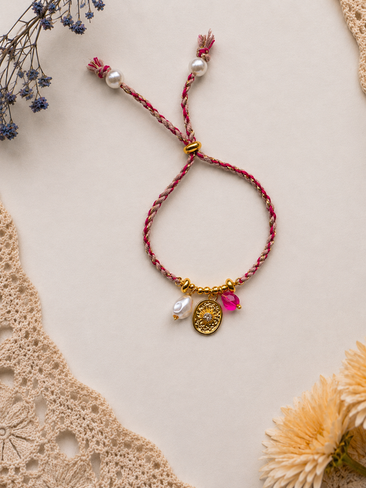 Boho Braided Bracelet with Sun Medallion, Pearl & Pink Charm | Adjustable Gold-Toned Bracelet
