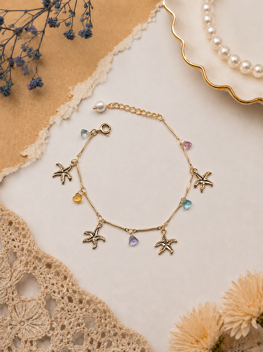 Gold Starfish Charm Bracelet with Multicolor Crystal Beads | Beach-Inspired Jewellery